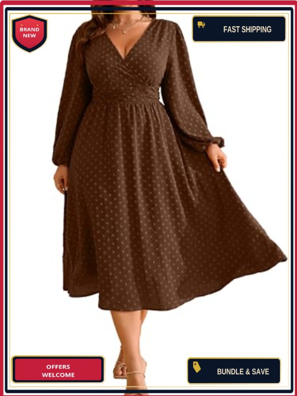 Plus Size Fall Wedding Guest Dress V Neck Swiss Dot Long Sleeve Maxi